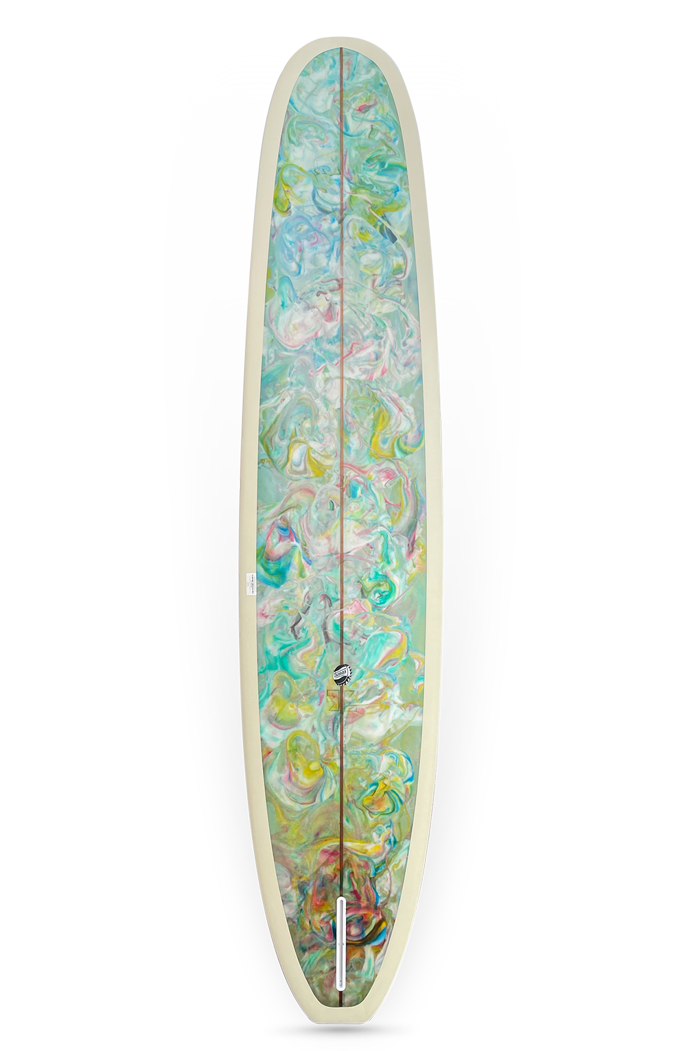 Shapers-Club- La planche de surf « Keeper 2 » présente un motif tourbillonnant psychédélique vert, bleu, jaune et rose avec une seule dérive et un contour blanc. Elle se dresse debout sur un fond uni avec des dimensions de 9'4" x 22' 7/8" x 2' 7/8", invitant à l'admiration et à la curiosité. -surfshop-surfboard