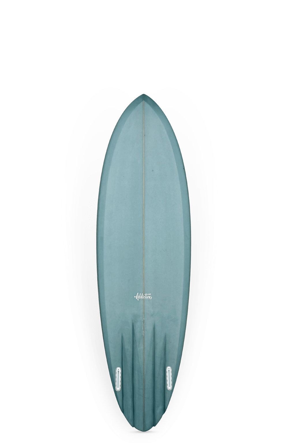 Shapers-Club- La planche de surf Clincher 6'4" x 20 1/2" x 2 3/4" (39,5L) avec trois ailerons se tient debout sur un fond blanc, projetant une ombre grise et noire symétrique autour d'elle. -surfshop-surfboard