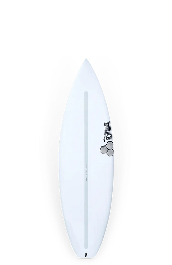 Shapers-Club- Une planche de surf blanche Dumpster Diver 2, mesurant 6'2" x 20 3/4" x 2 7/8", volume de 39,6 L, présente un design élégant et allongé avec une seule fente pour aileron et un logo sur le côté droit. Fabriqué à partir de matériaux EPS + Spine-tek, il se dresse verticalement sur un fond uni. -surfshop-surfboard