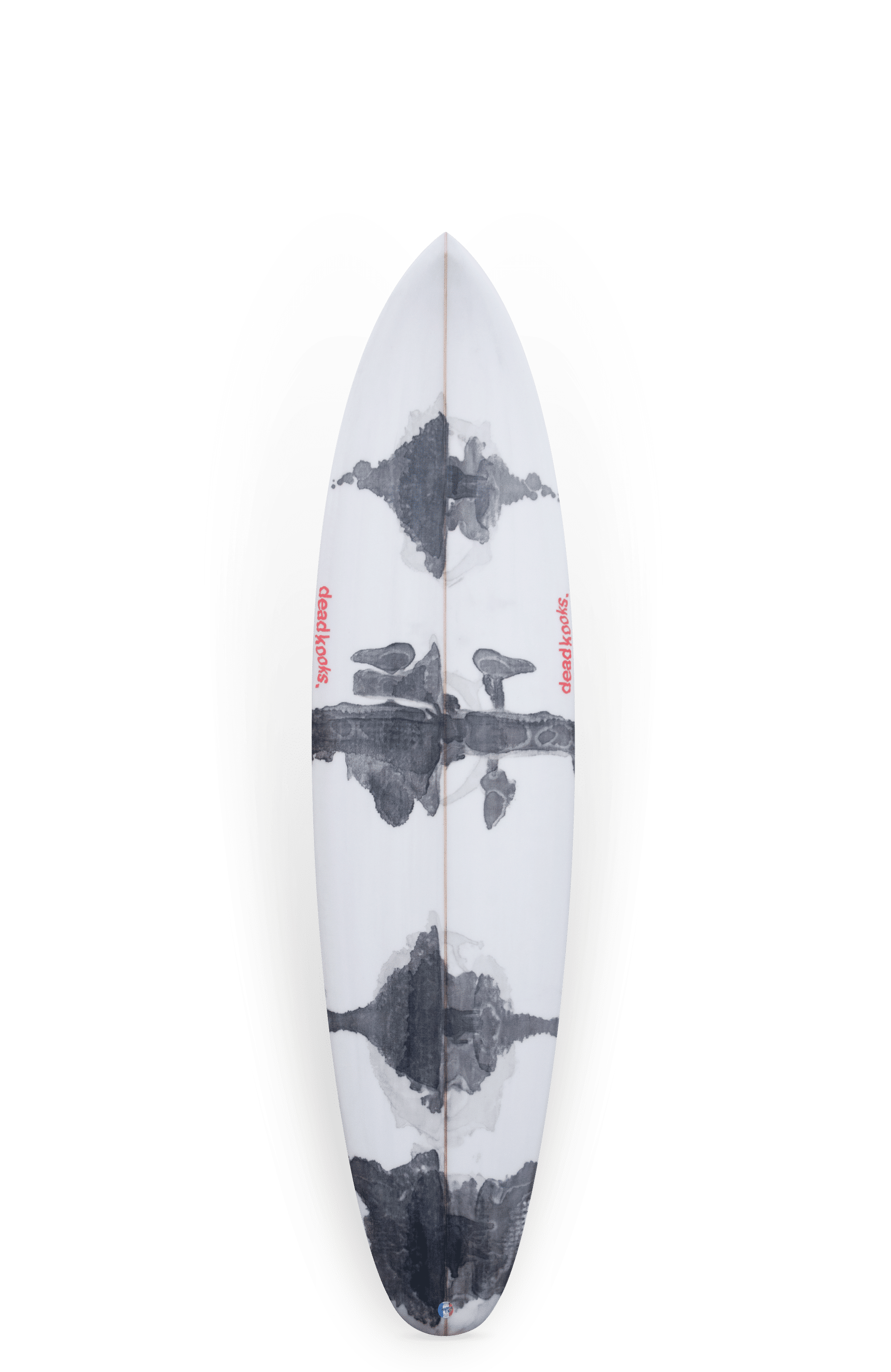 Shapers-Club- Une planche de surf Aphex personnalisée mesurant 6'10" x 20' 3/4" x 2' 3/4", présentant des motifs abstraits en noir et blanc avec du texte rouge sur les côtés, est exposée verticalement. Son design, rappelant l'art d'Aphex, présente des motifs ressemblant à des taches d'encre. -surfshop-surfboard