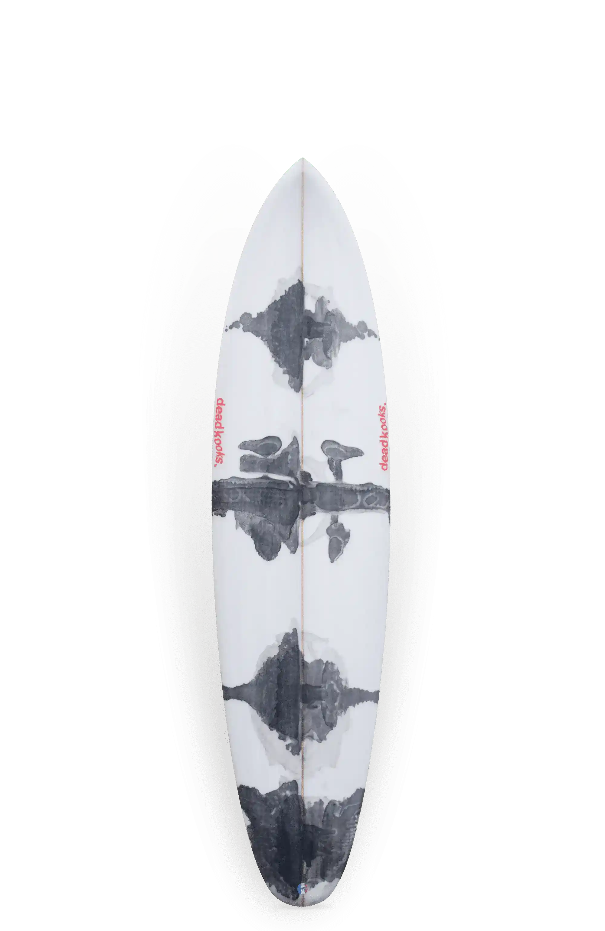 Shapers-Club- Une planche de surf Aphex personnalisée mesurant 6'10" x 20' 3/4" x 2' 3/4", présentant des motifs abstraits en noir et blanc avec du texte rouge sur les côtés, est exposée verticalement. Son design, rappelant l'art d'Aphex, présente des motifs ressemblant à des taches d'encre. -surfshop-surfboard