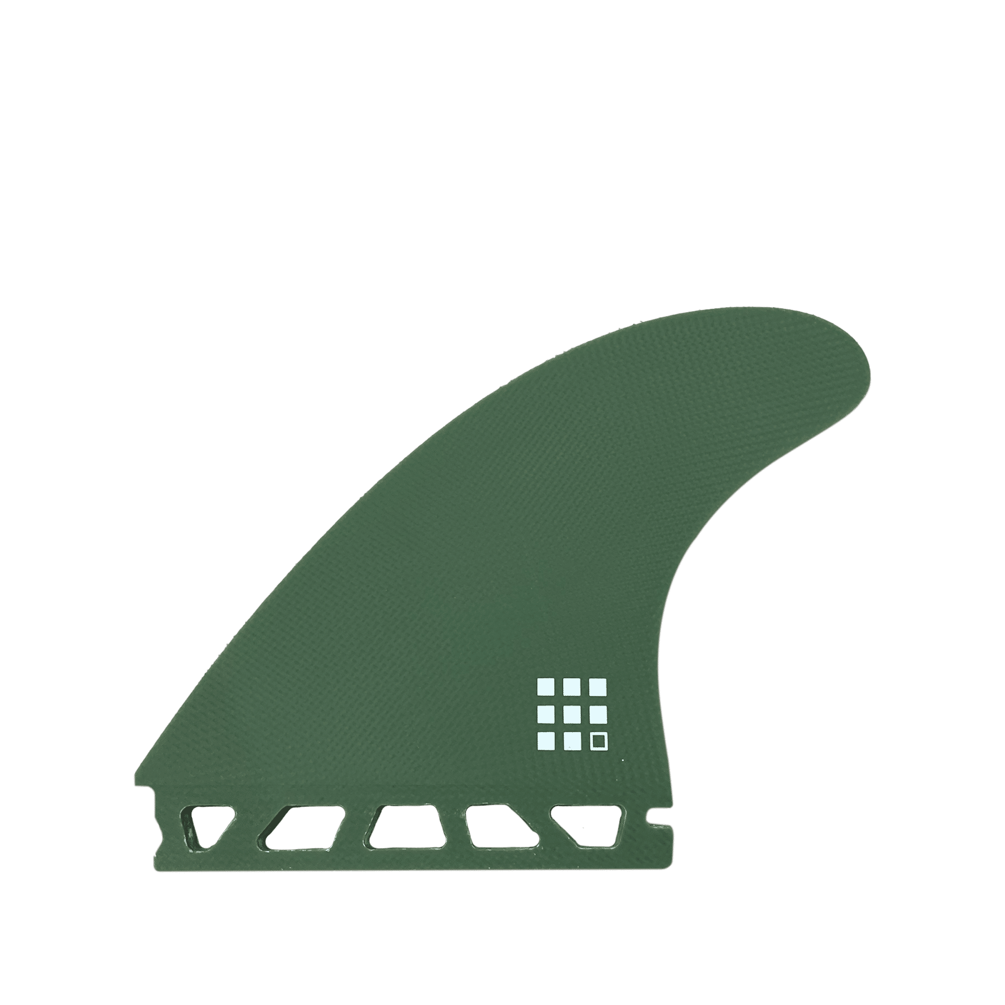 Shapers-Club- Une dérive de propulseur Futures Pancho Control Series verte avec un petit logo blanc en forme de grille près de sa base. La surface texturée de la dérive est légèrement incurvée, avec une base avec plusieurs sections découpées. Le fond est uni et vert clair. -surfshop-surfboard