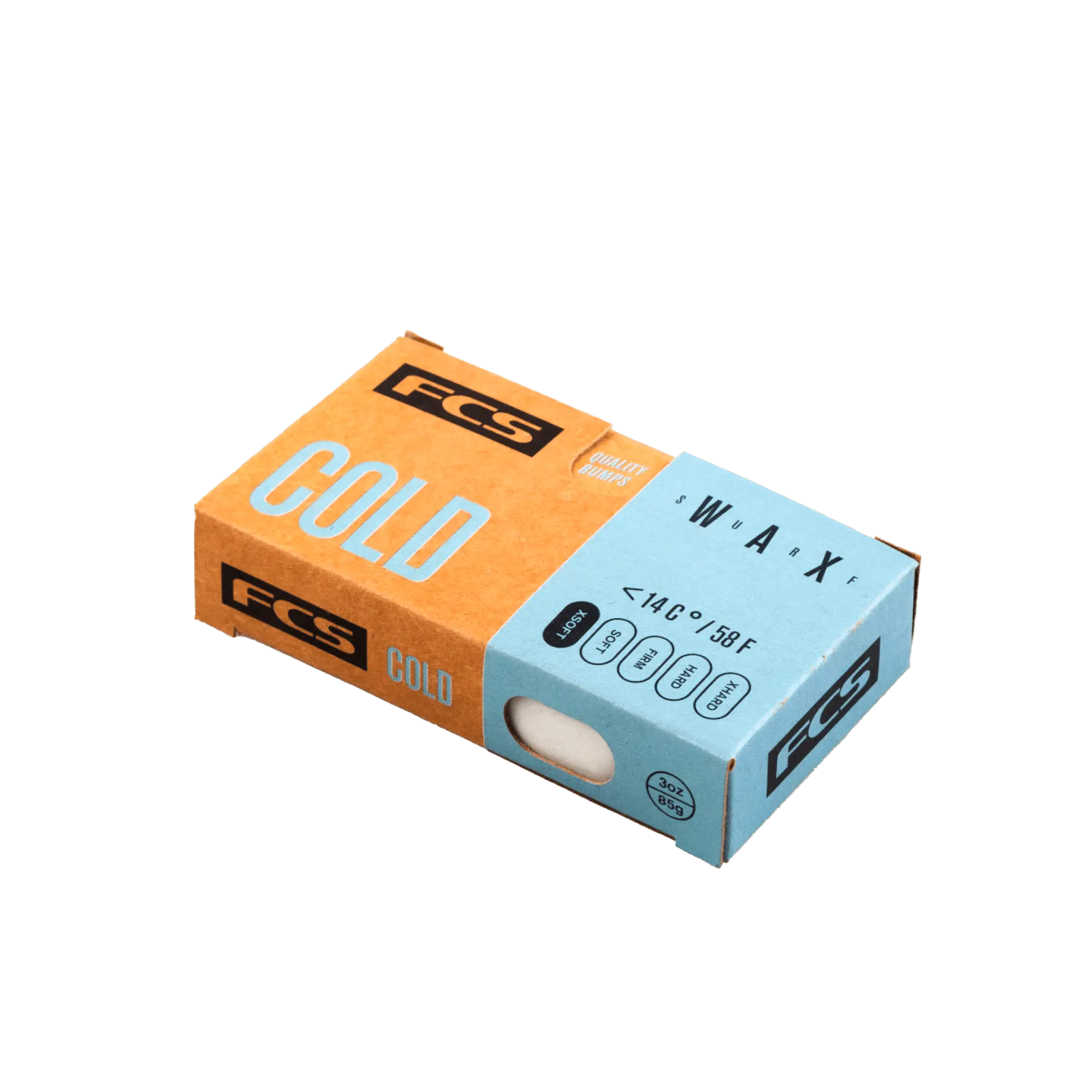 Shapers-Club- Une boîte rectangulaire de cire FCS - Cire froide, conçue pour des températures inférieures à 14°C (58°F). L'emballage est principalement orange et bleu, avec la marque FCS et les informations sur le produit visibles. La boîte a une petite fenêtre montrant la cire blanche à l'intérieur. -surfshop-surfboard
