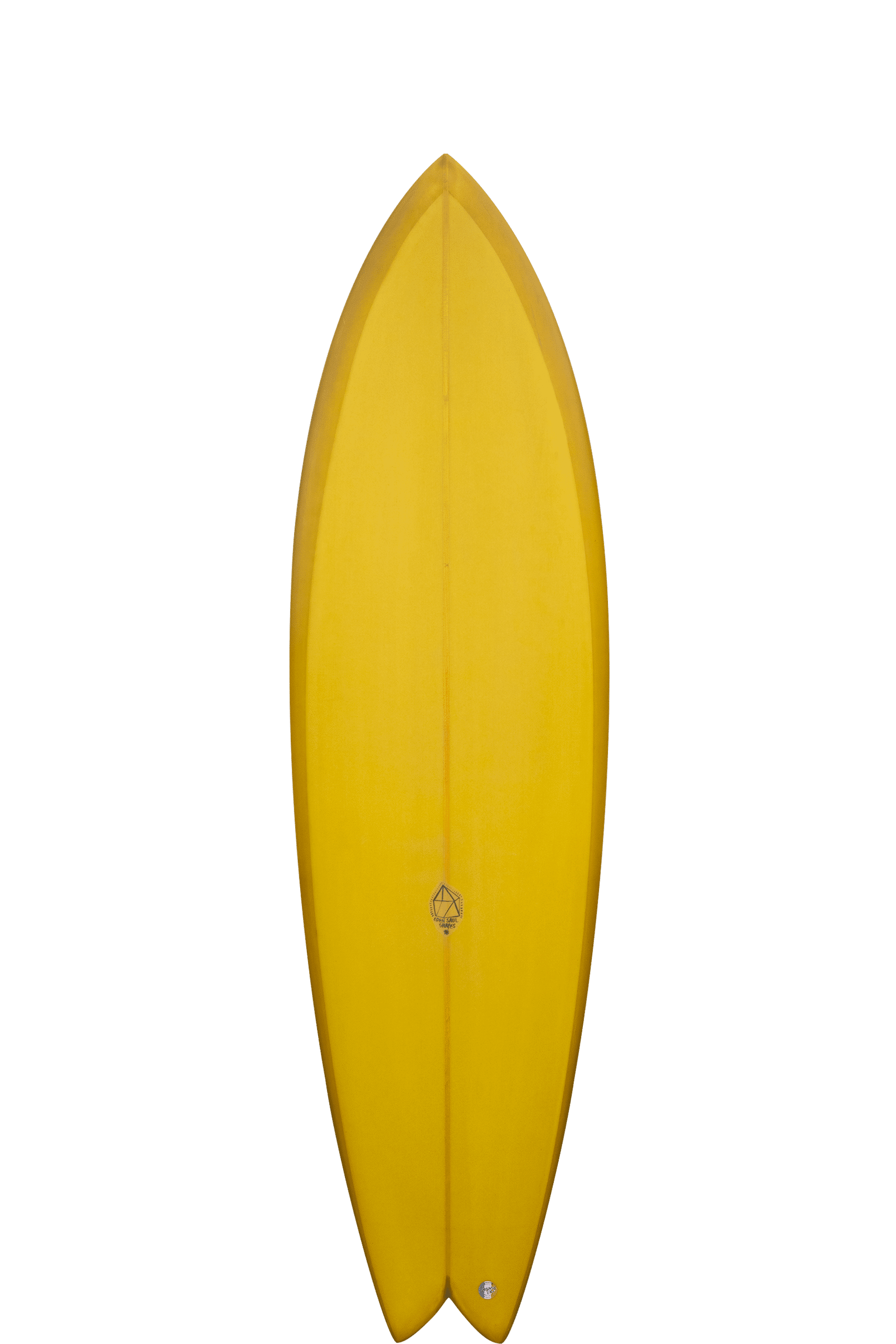 Shapers-Club- Une planche de surf jaune vif Dead Kooks - Wild Flower 6'8" x 21' 5/8" x 2' 7/8" avec un nez pointu et un design en queue d'aronde se dresse debout sur un fond noir, affichant un petit logo au centre près du haut. -surfshop-surfboard