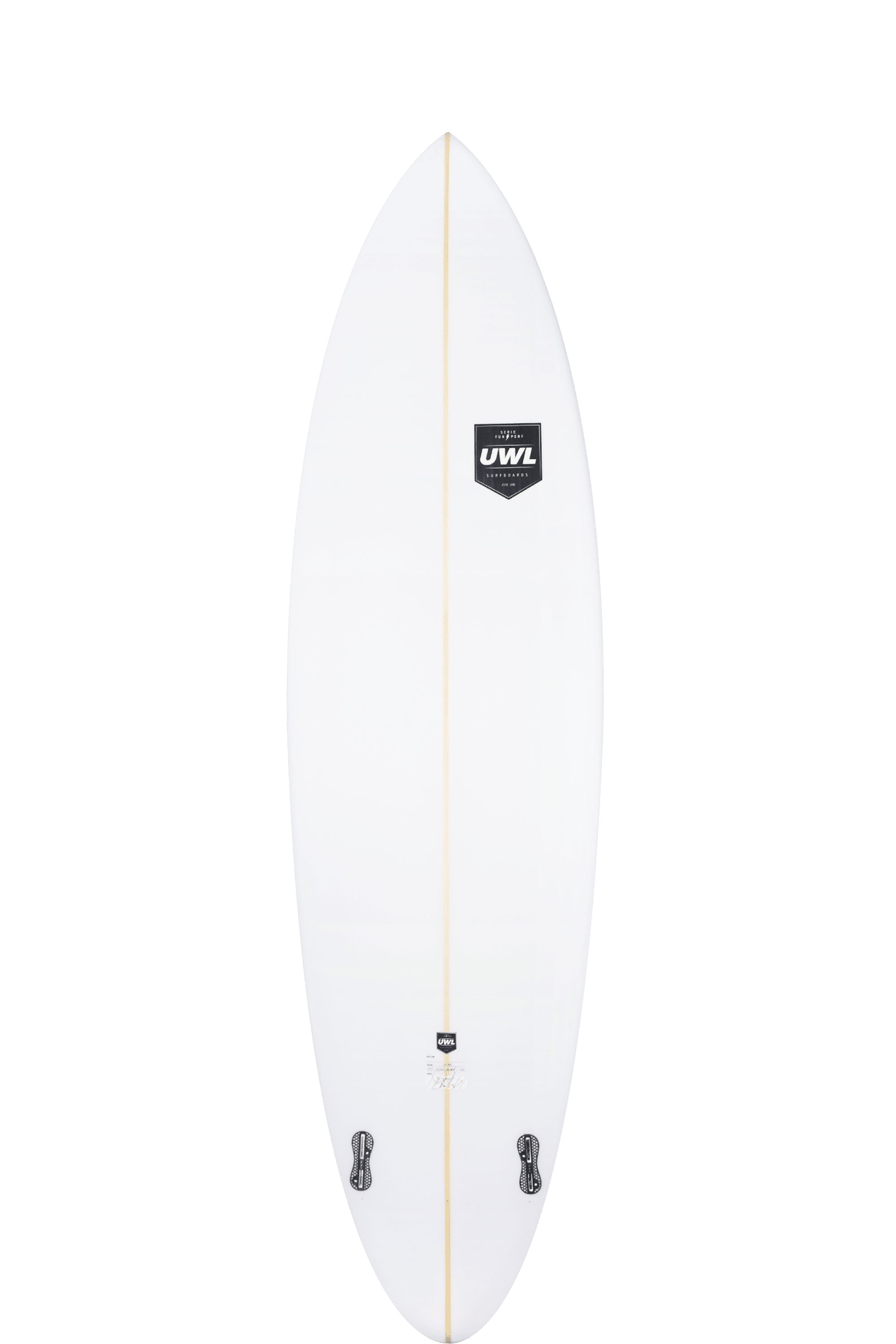 Shapers-Club- Une planche de surf blanche élégante, la variante 7'2" x 21' 1/4" x 2' 7/8", présente une pointe pointue, un logo noir près du haut et deux supports d'ailerons noirs en bas pour des performances optimales. -surfshop-surfboard