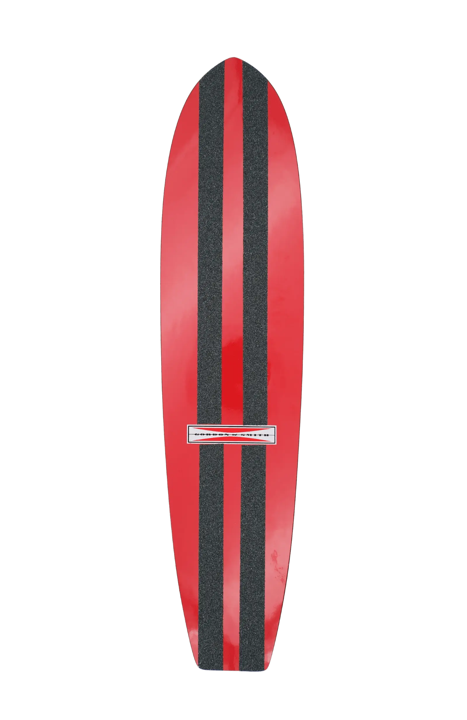 Shapers-Club- Le SurfSkate Gordon & Smith 25" en Rouge Cerise présente deux bandes verticales noires et le logo emblématique près du centre sur un fond transparent. -surfshop-surfboard