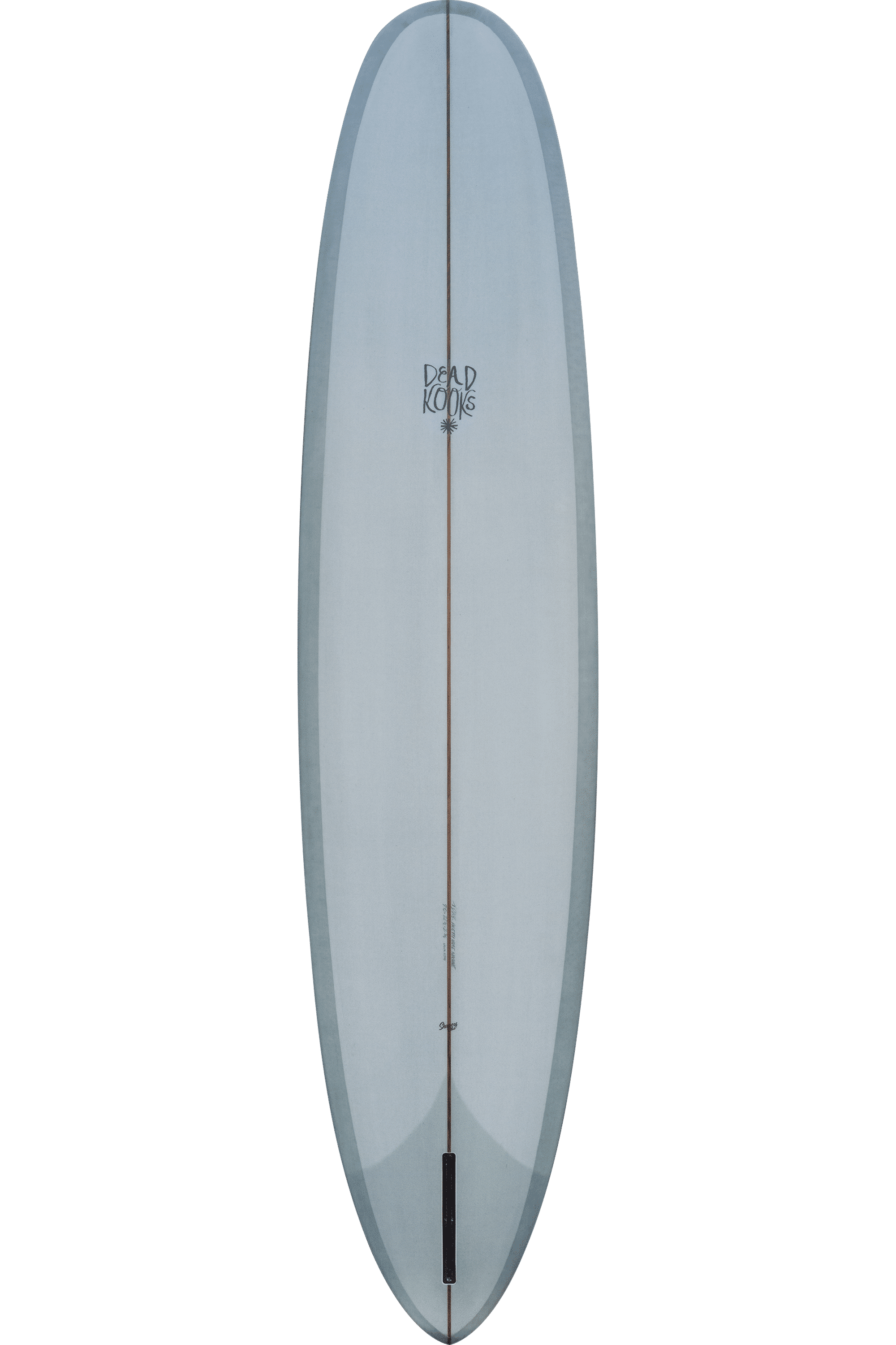Shapers-Club- Une vue de dessus de la planche de surf Dead Kooks Guerrero 9'6" x 23" x 3" présente un pont blanc et une dérive noire étroite. Sa forme ovale élégante et allongée est accentuée par une seule corde en bois qui descend au centre. Le logo "Dead Kooks" est bien visible près du haut de la planche. -surfshop-surfboard