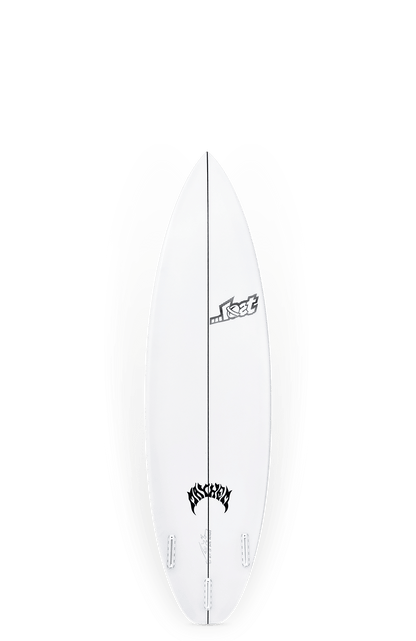 Shapers-Club- Le modèle Driver 3.0, mesurant 5'10" x 18 3/4" x 2 3/8", affiche une surface lisse et une forme incurvée avec des logos et des motifs noirs près du tail et du nose, sur un fond uni. Cette planche de surf compacte offre un volume de 27,5L. -surfshop-surfboard