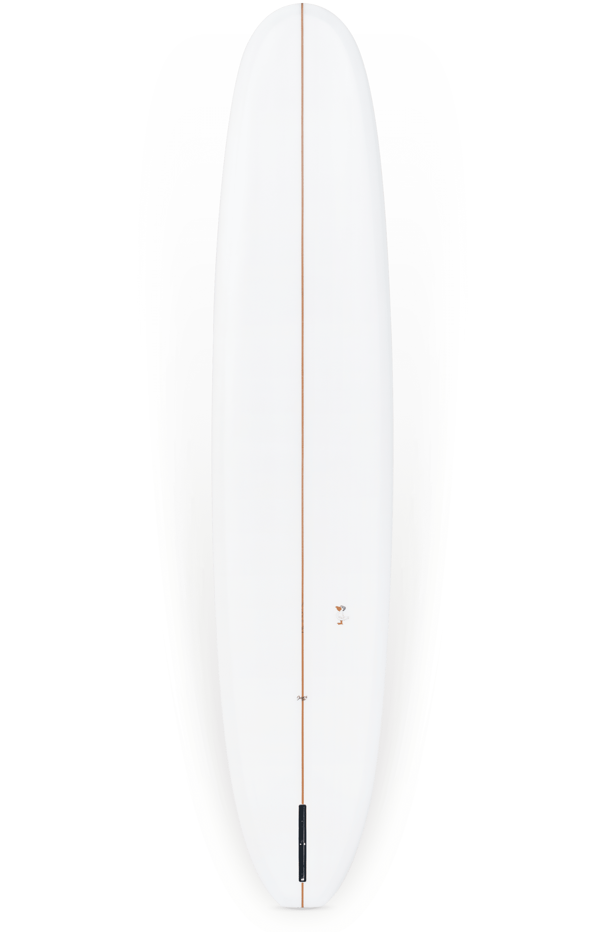 Shapers-Club- La planche de surf Barrett Miller Springfield mesure 9'9" x 23" x 3" et présente un design épuré et minimaliste. Cette planche de surf blanche présente une seule fine bande qui s'étend dans le sens de la longueur au centre et un petit logo près du milieu. La queue est arrondie et la planche a une finition élégante. -surfshop-surfboard