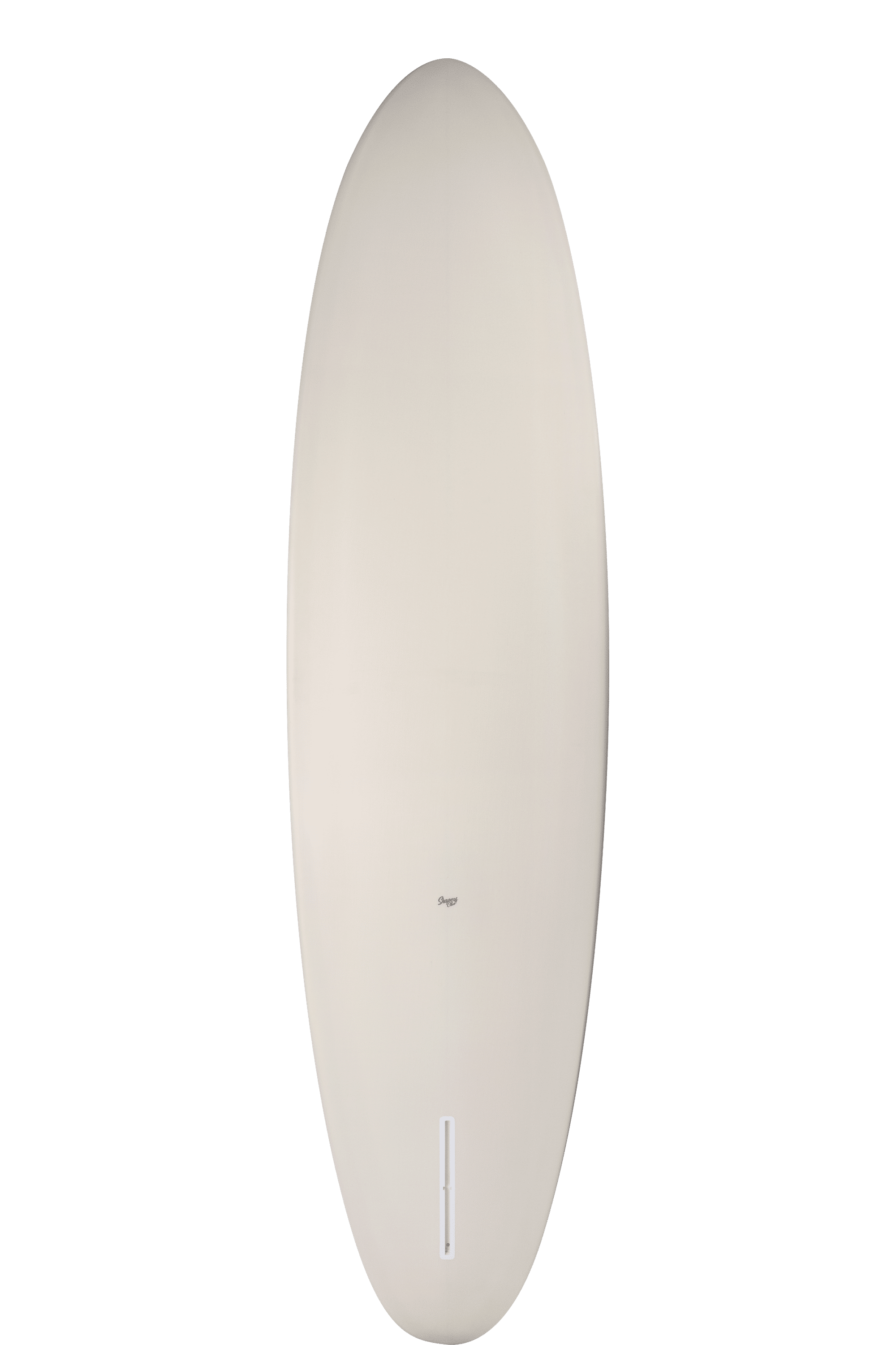 Shapers-Club- Une planche de surf Liberator minimaliste avec une surface lisse de couleur crème se détache sur un fond noir. La forme ovale met en valeur ses dimensions (8'0" x 22' 3/4" x 2' 13/16"), mettant en valeur le petit logo et la fente rectangulaire de l'aileron près d'une extrémité. -surfshop-surfboard
