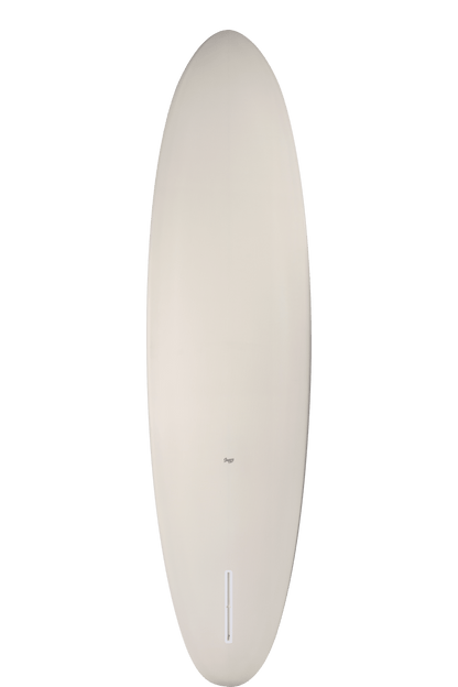 Shapers-Club- Une planche de surf Liberator minimaliste avec une surface lisse de couleur crème se détache sur un fond noir. La forme ovale met en valeur ses dimensions (8'0" x 22' 3/4" x 2' 13/16"), mettant en valeur le petit logo et la fente rectangulaire de l'aileron près d'une extrémité. -surfshop-surfboard