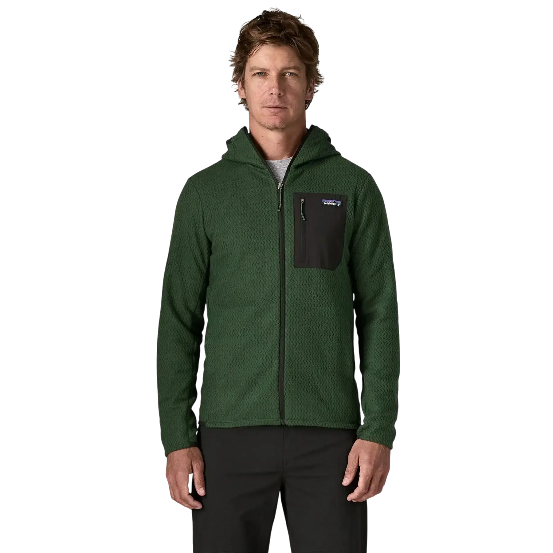 Patagonia M's R1 Air Full-Zip Hoody vert - Sweat a capuche zippe sur fond transparent - Surfshop Shapers Club House, La Rochelle