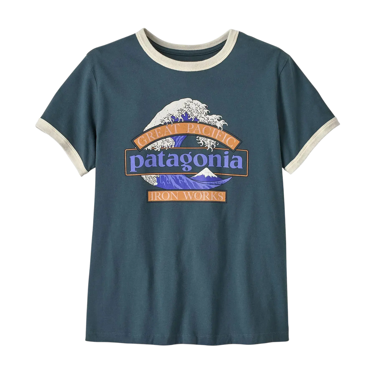 Patagonia W's Great Waves Ringer Tee bleu - T-shirt ringer sur fond transparent - Surfshop Shapers Club House, La Rochelle