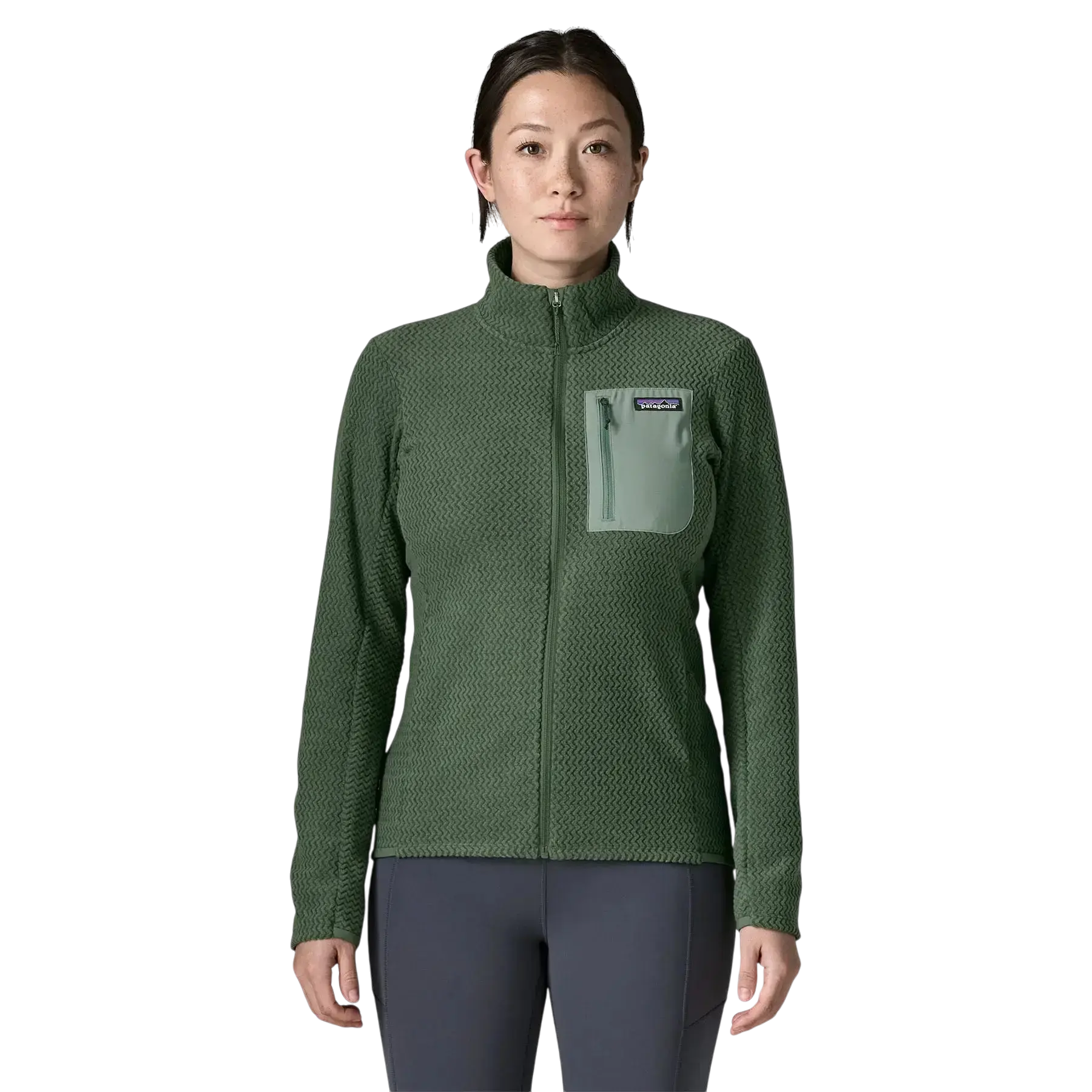Patagonia W's R1 Air Jkt vert - Veste polaire sur fond transparent - Surfshop Shapers Club House, La Rochelle