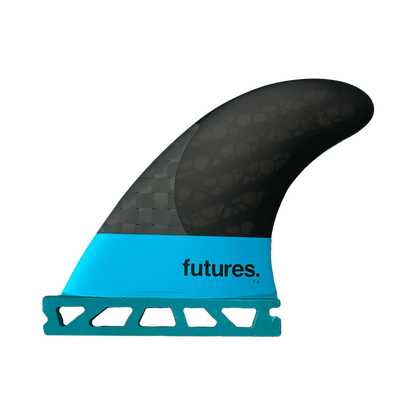 Shapers-Club- L'aileron de planche de surf Futures - F4 Blackstix 3.0 - Carbon présente une élégante palette de couleurs noire et turquoise. La partie inférieure est turquoise avec les inscriptions « Futures » et « F4 Blackstix », tandis que la partie supérieure est noire avec un motif en carbone texturé et comprend une base turquoise avec un design découpé complexe. -surfshop-surfboard