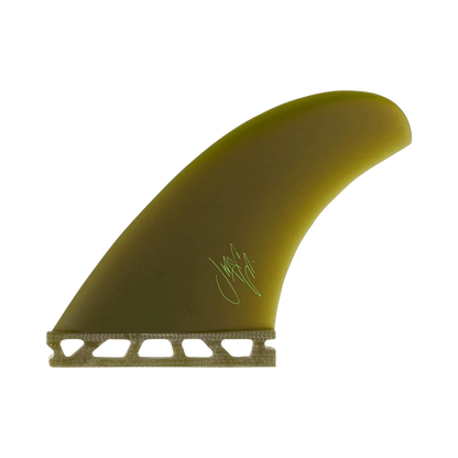Shapers-Club- The fin McCallum Raked QD (Single Tab) surfboard has an olive green color with a yellowish tint and a textured base, highlighting the McCallum signature near its center, on a plain background to emphasize its elegant shape. -surfshop-surfboard