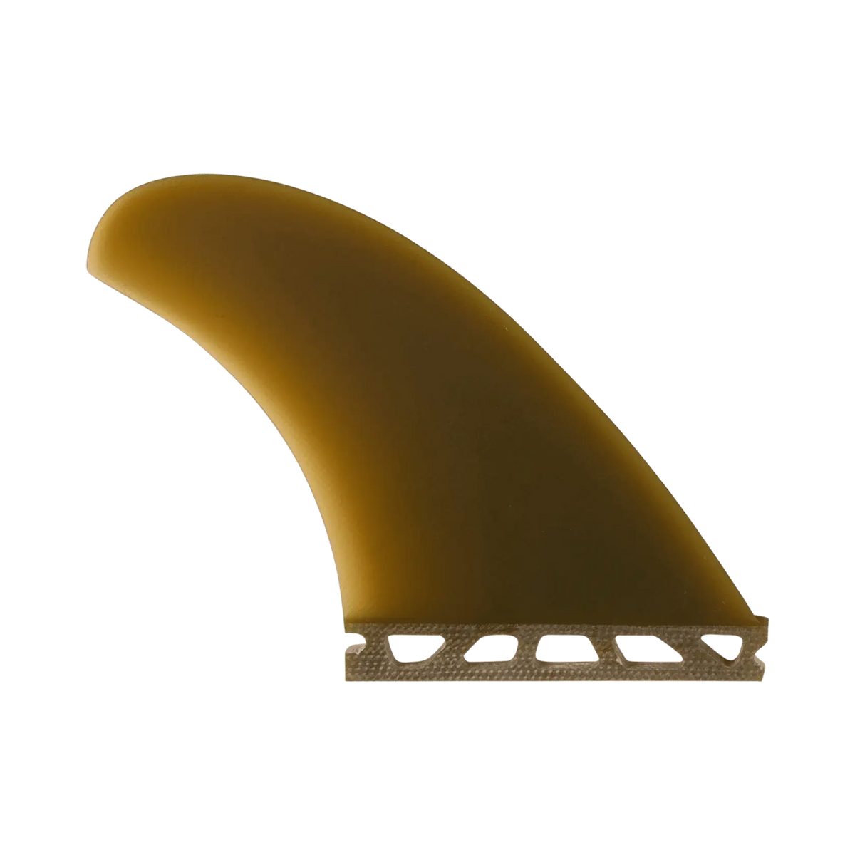 Shapers-Club- Une dérive de planche de surf McCallum Raked QD (Single Tab) marron avec une forme incurvée, représentée sur un fond vert, présente une base texturée et est conçue pour une fixation facile sur n'importe quelle planche de surf. -surfshop-surfboard