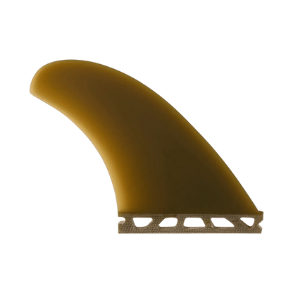 Shapers-Club- fin A McCallum Raked QD (Single Tab) brown surfboard with a curved shape, shown on a green background, features a textured base and is designed for easy attachment to any surfboard. -surfshop-surfboard