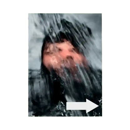 Shapers-Club- A blurred face behind a waterfall captures the excitement of surfing, with a white arrow pointing to the right below - an evocative scene from ACID MAGAZINE - N°6 - WHATEVER SURFING MEANS. -surfshop-surfboard