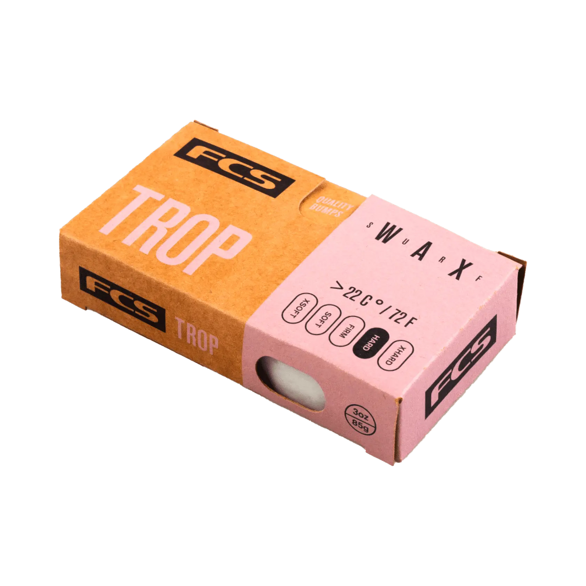 Shapers-Club- Une boîte de cire pour planche de surf FCS - Wax - Trop rectangulaire, bicolore marron et rose est présentée. La boîte comporte des icônes circulaires et des recommandations de température, indiquant qu'elle convient à des températures de 20 °C (72 °F) ou plus. -surfshop-surfboard