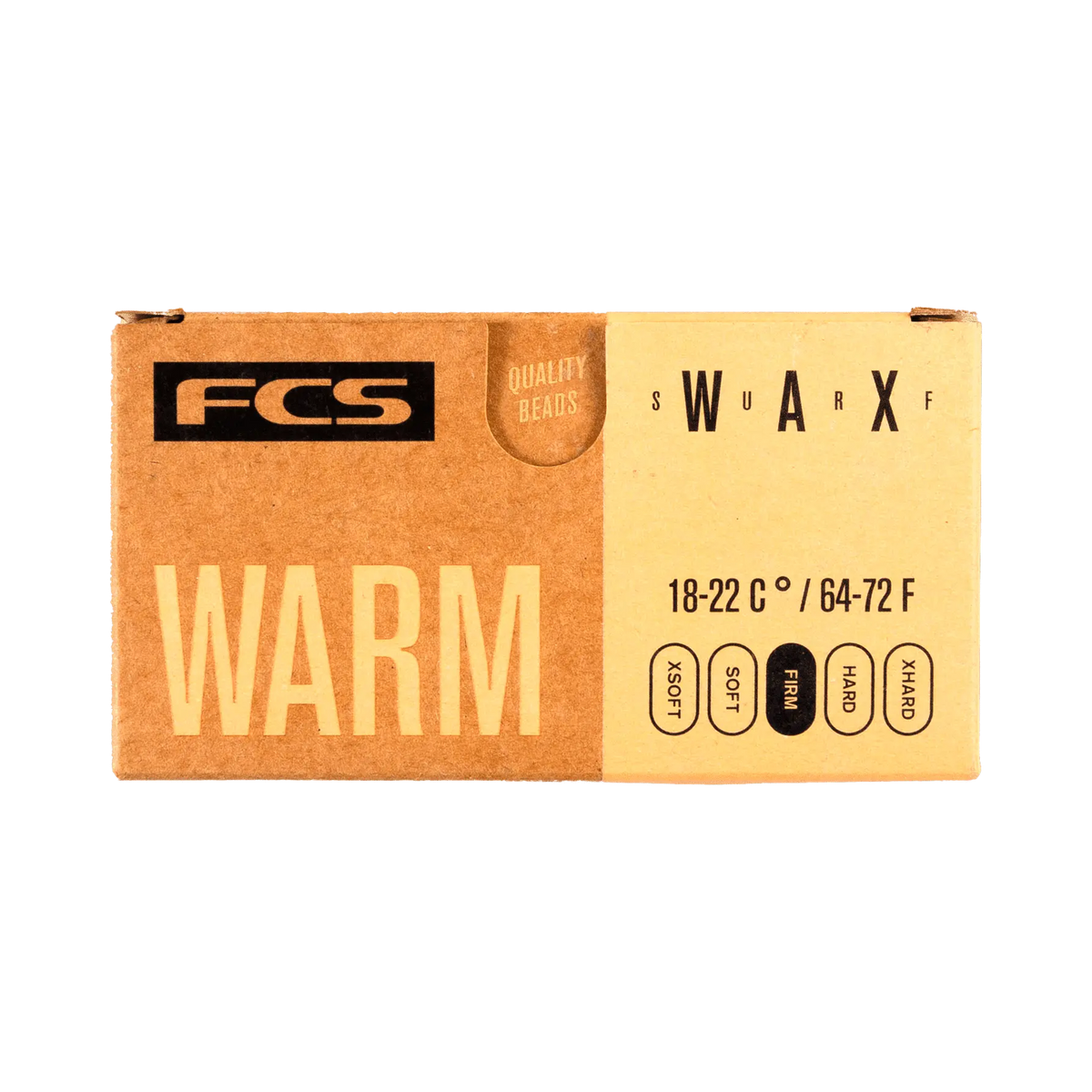 Shapers-Club- La boîte en carton rectangulaire FCS - Wax - Warm affiche bien en évidence le nom de la marque « FCS » dans le coin supérieur gauche et le mot « WARM » en grosses lettres. Elle répertorie les plages de température de 18 à 22 °C / 64 à 72 °F ainsi que les options pour les perles « SOFT », « MED » et « HARD », tout en mettant l'accent sur leurs perles de cire de haute qualité. -surfshop-surfboard