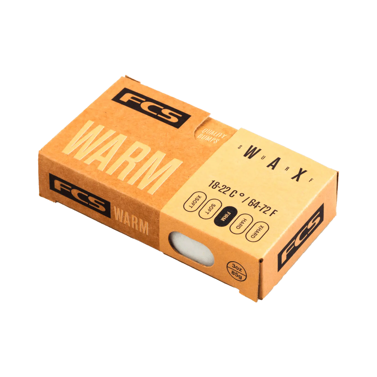 Shapers-Club- Une boîte en carton rectangulaire étiquetée « FCS - Wax - Warm » pour la cire de surf, conçue pour des températures d'eau comprises entre 18 et 22 °C (64 à 72 °F). La boîte à dominante marron présente un texte et une marque noirs, la cire étant visible à travers une petite découpe dans l'emballage. -surfshop-surfboard
