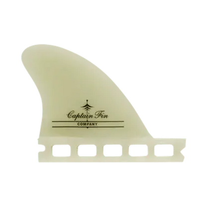 The Captain Fin Company's white surf board shaper, the "Josh Hall SB (Single Tab)", features a small anchor and the signature of Josh Hall. It has a slightly curved shape with a transparent base for easy attachment using a single tongue hook. -surfshop- Fin surfboard