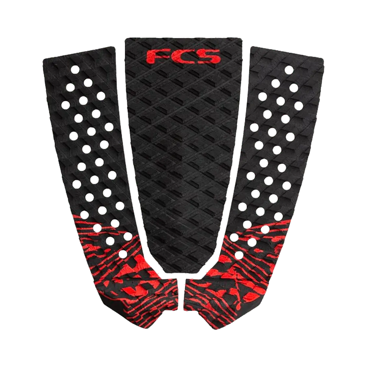 Shapers-Club- The Toledo Blood traction cushion is black with red accents and features a "FCS" logo clearly visible on the top. It features a diamond-patterned texture, white circular grip points and is cleverly divided into three sections. -surfshop-surfboard