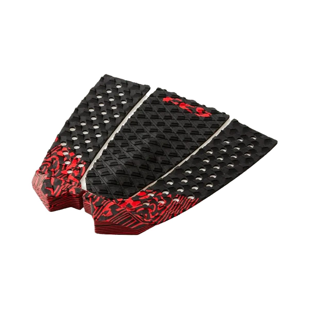 Shapers-Club- Presentation of the Toledo Blood surf board traction mat, a striking black and red accessory featuring a textured diamond pattern with white holes for optimal grip. It features red accents and decorative motifs along the edges, harmoniously combining style and performance. -surfshop-surfboard