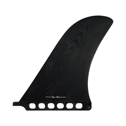 Shapers-Club- The fin simple surf board Roger Hinds Apex 10.5" in black stands upright on a uniform green background. The fin elegant board has a slight curve and features a base with several circular cuts and a small notch for attachment to a surfboard. The material seems sturdy and smooth. -surfshop-surfboard