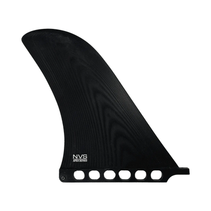 Shapers-Club- The fin simple Roger Hinds - Apex - 10.5" from the NVS Apex series is a fin black surf board with a curved and elegant design. It features six circular holes near the base for mounting and has a subtle texture with the brand name printed in white near the base. The bottom is transparent, highlighting a craftsmanship reminiscent of Roger Hinds. -surfshop-surfboard