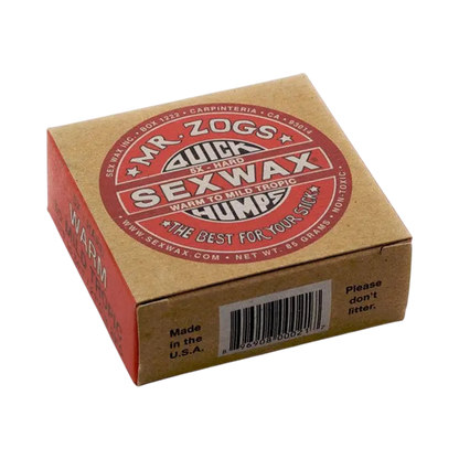 Shapers-Club- A box of Sexwax - Warm Tropical, ideal for tropical waves of hot water, comes with a red and white label indicating "The best for your board". The packaging includes a barcode and reminders: "Please do not throw any trash away" and "Made in the USA". -surfshop-surfboard