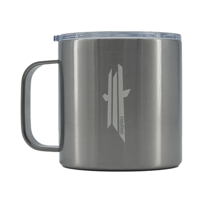 Shapers-Club- Les mugs isothermes Shapersclub Cardinal (trident) beige présentent un design élégant et minimaliste avec un logo vertical sur son corps en acier inoxydable et sont livrés avec un couvercle et une poignée transparents, parfaits pour tout amateur de plein air. -surfshop-surfboard