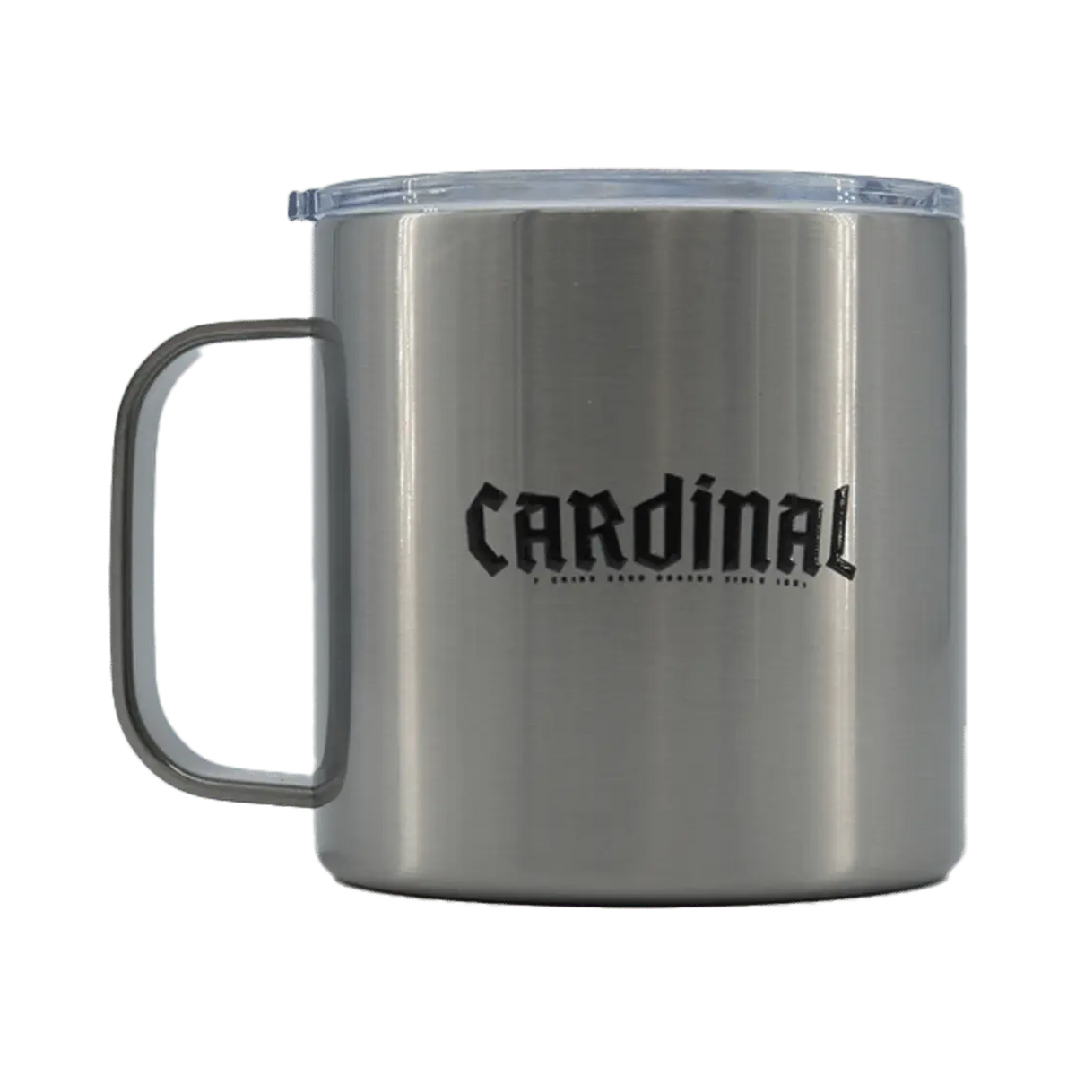 Shapers-Club- Mug isotherme Cardinal en acier inoxydable avec couvercle transparent et anse sur le côté gauche, portant l'inscription "CARDINAL" élégamment imprimée en lettres stylisées noires et audacieuses. -surfshop-surfboard