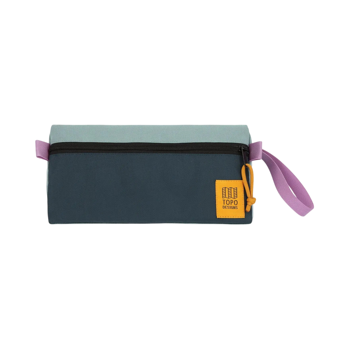 Shapers-Club- The TOPO toiletry bag features a refined rectangular shape with a black zipper and a chic pink drawstring. The top half is lavender green while the bottom half is teal blue. A yellow square patch with gold lettering decorates the lower right corner, adding an elegant touch to this functional accessory. -surfshop-surfboard