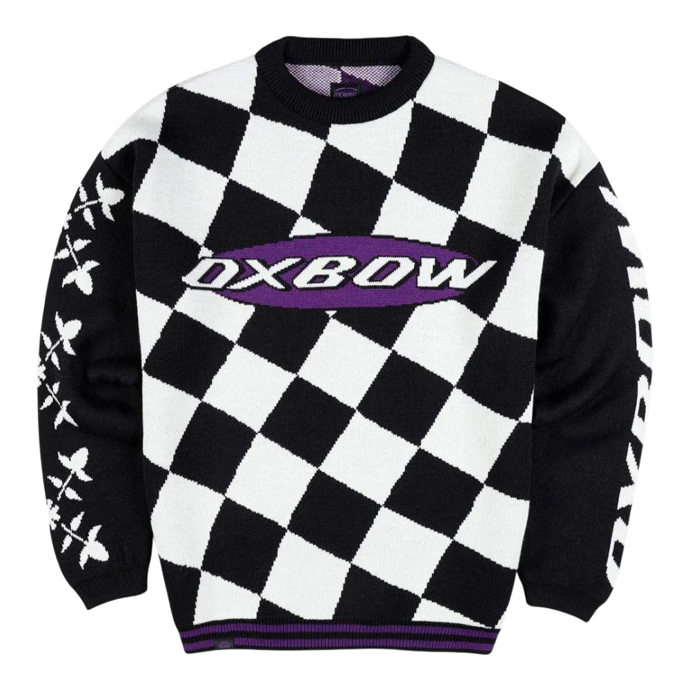 Pull Surfshop - Shapers Club House Oxbow Skolpen black merino wool with a plaid pattern and a purple logo