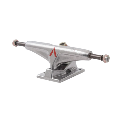 Venture 129mm silver metal skateboard truck with red logo, sold by Surfshop - Shapers Club House