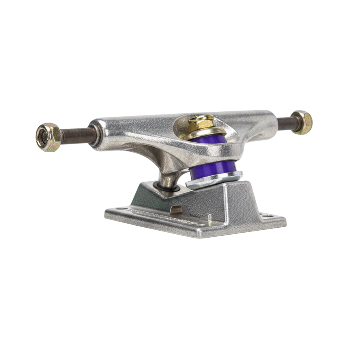 Venture 129mm silver metal skateboard truck with purple tires, available at Surfshop - Shapers Club House