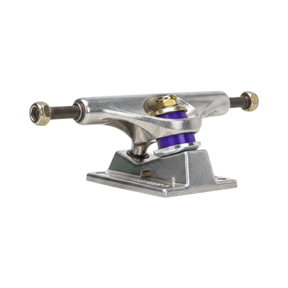 Venture 129mm silver metal skateboard truck with purple tires, available at Surfshop - Shapers Club House