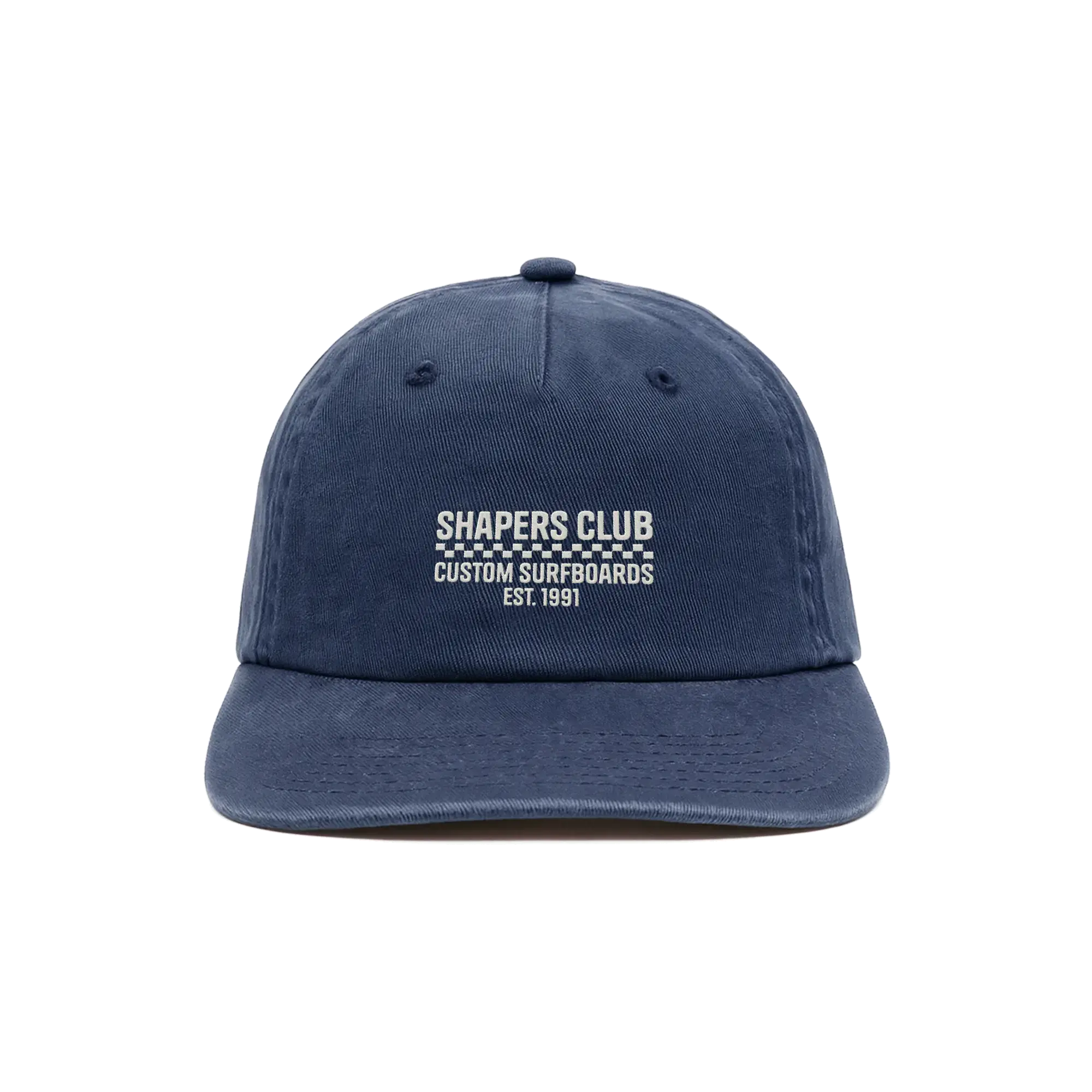 Casquette de baseball bleu marine Surfshop - Shapers Club House avec logo brodé blanc sur le devant