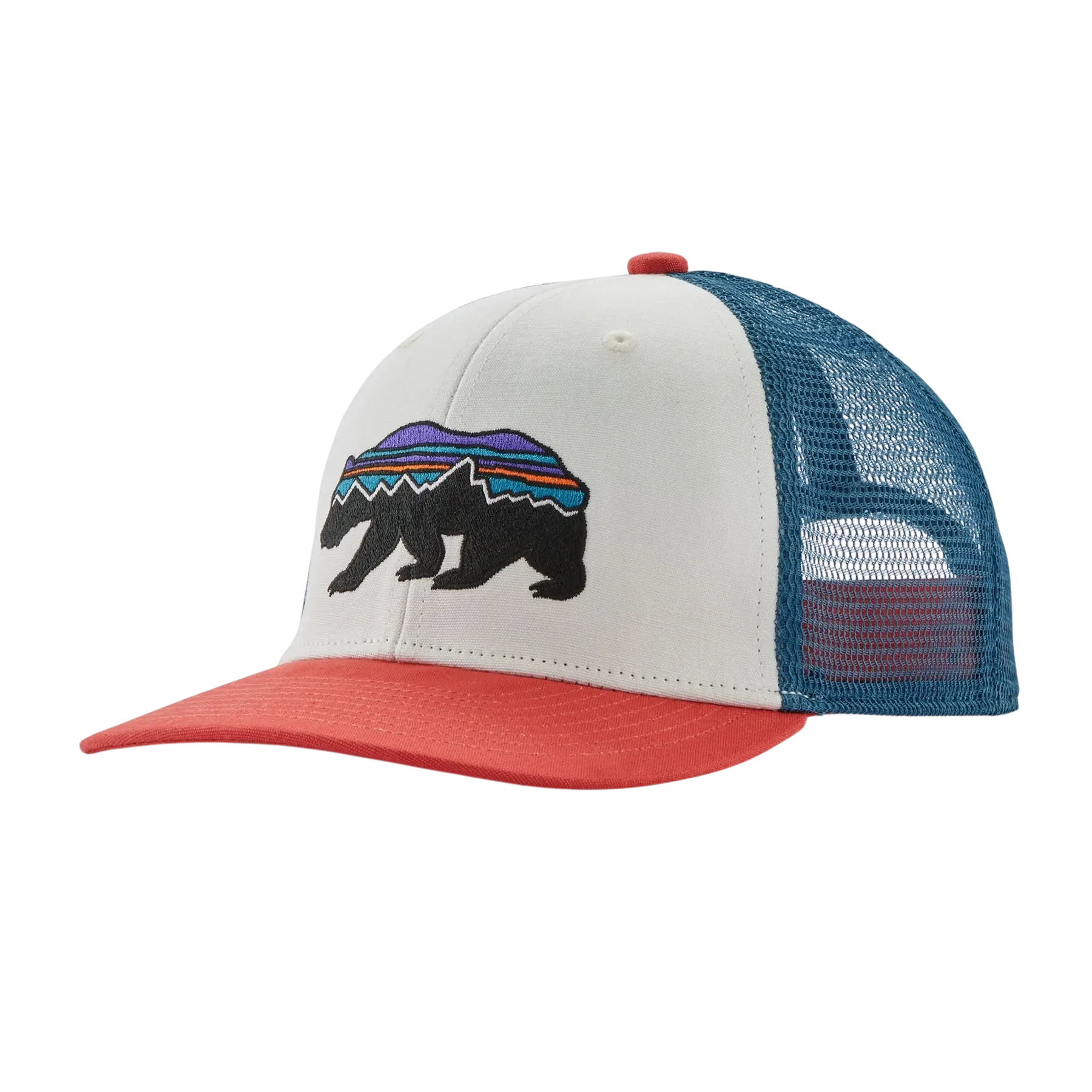 Casquette trucker enfant Surfshop - Shapers Club House Patagonia blanche avec motif ours et filet bleu