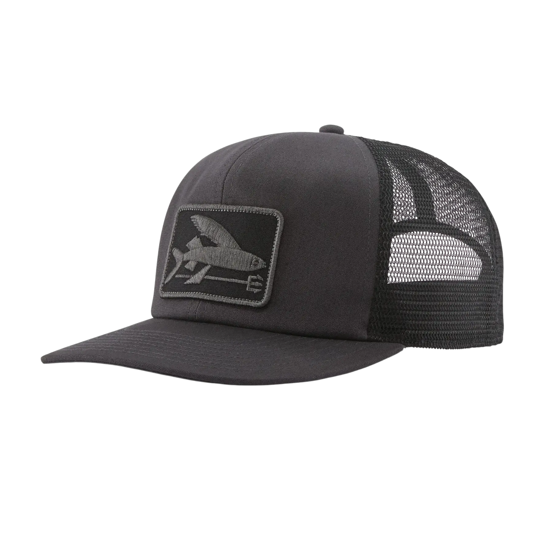 Casquette trucker noire Patagonia Flying Fish avec filet respirant, proposée par Surfshop - Shapers Club House