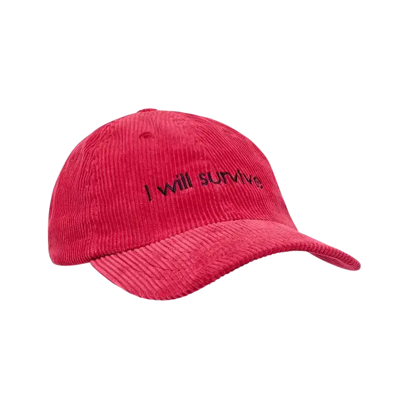 Casquette en velours côtelé rouge Surfshop - Shapers Club House avec broderie I will survive noire