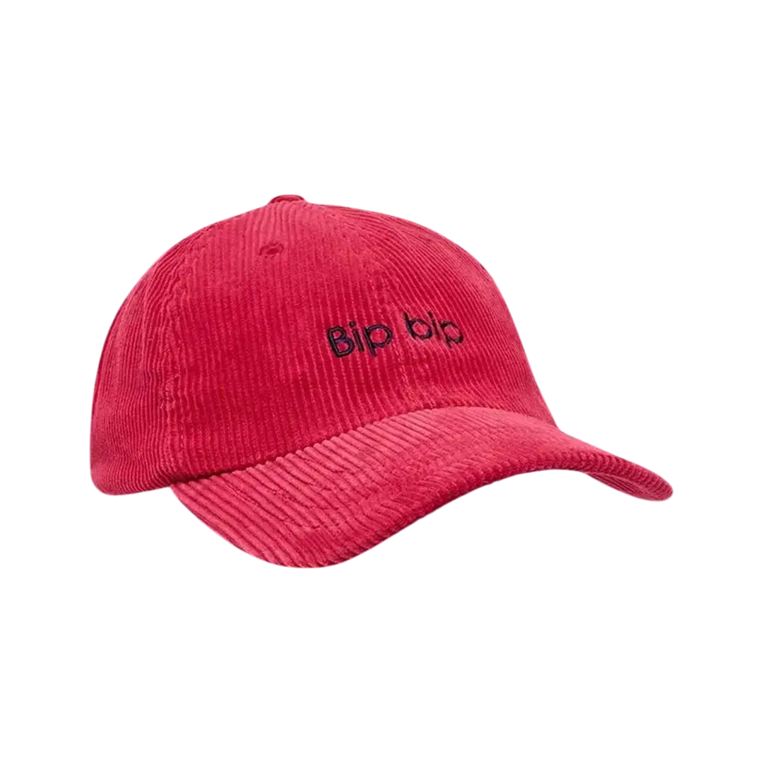 Casquette en velours côtelé rouge JAM avec broderie Bip bip noire, proposée par Surfshop - Shapers Club House