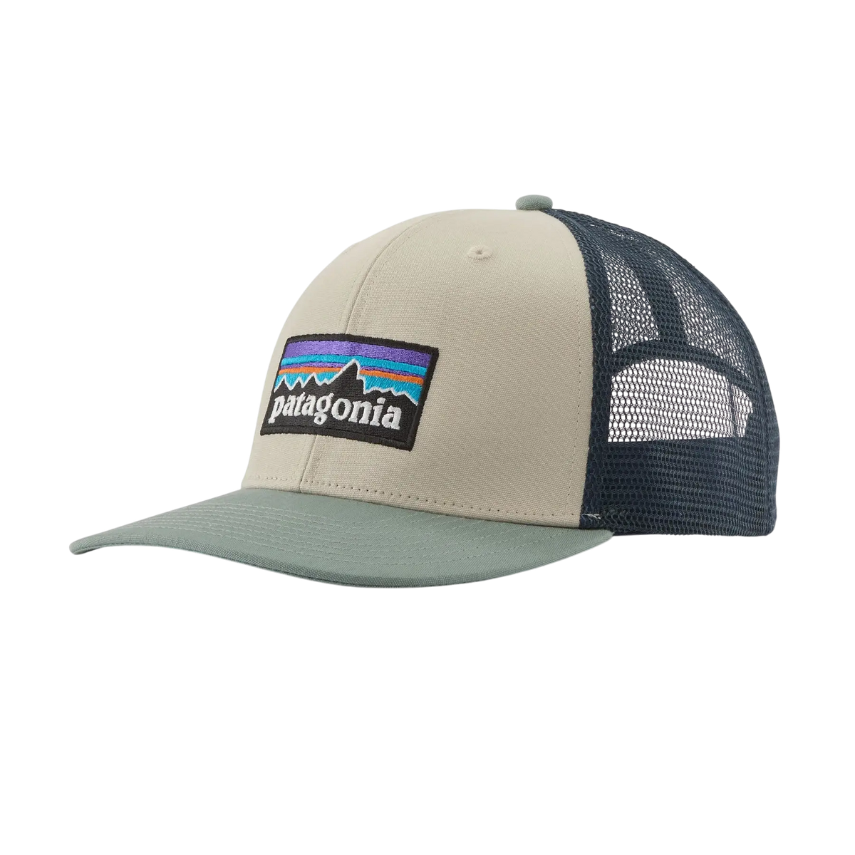 Casquette trucker Patagonia P-6 Logo beige et bleu marine avec panneaux arrière en maille respirante